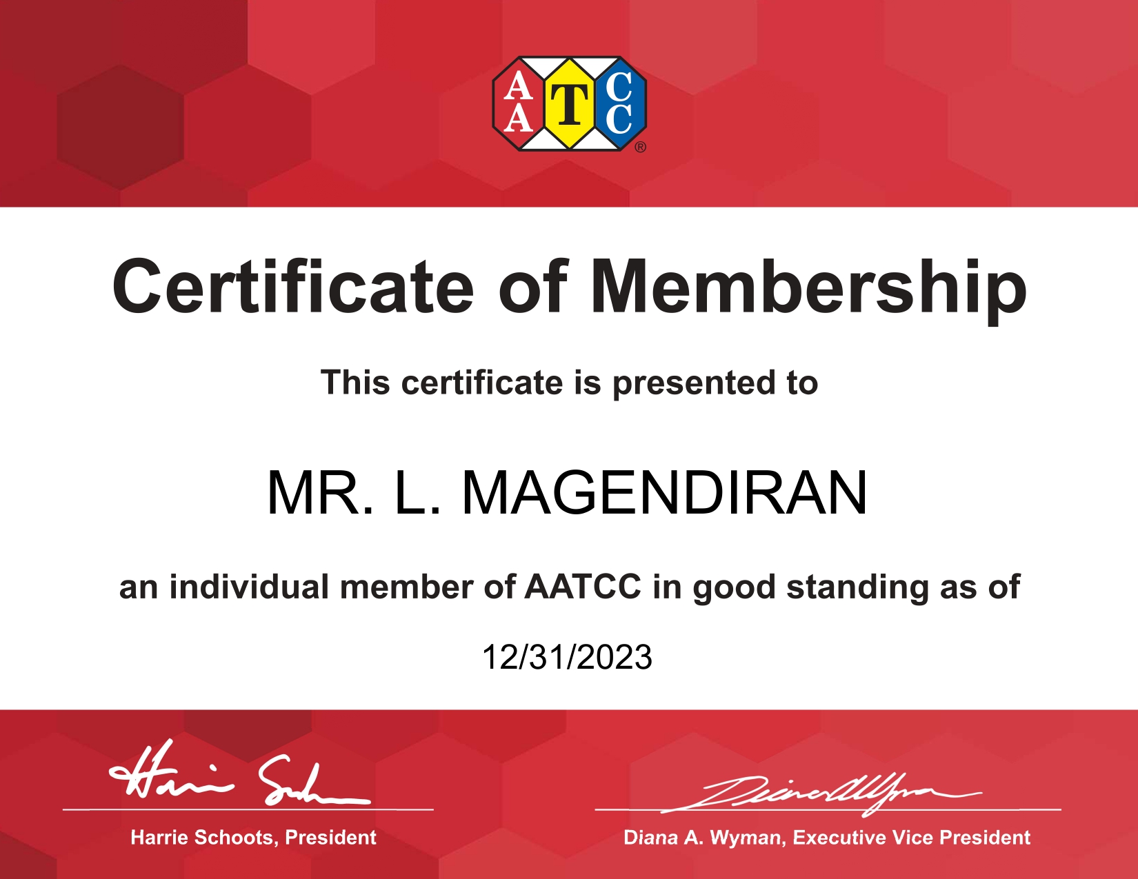 AATCC MEMBERSHIP CERTIFICATE